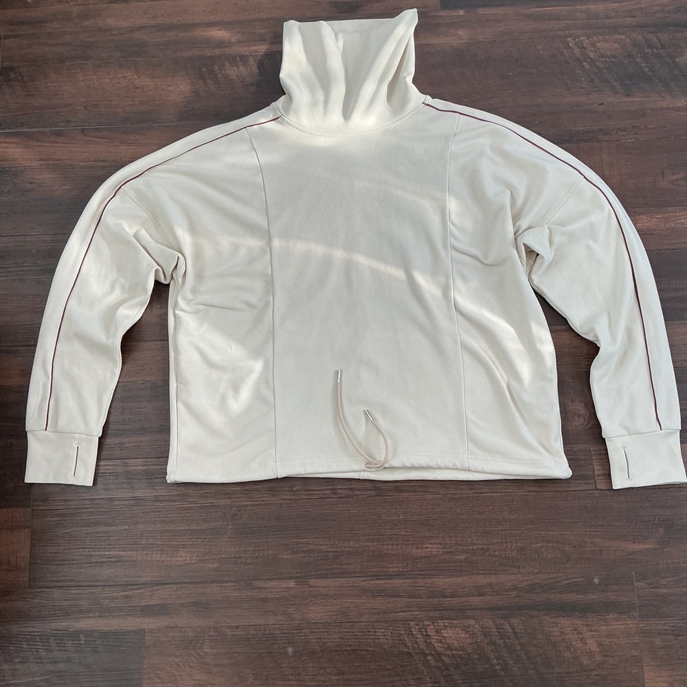 Varley Funnel Neck Pullover Cream Contrast Piping Thumbhole Large Athleisure